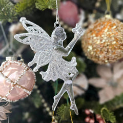Hanging Sparkling Angel Fairy Christmas Ornament - Silver