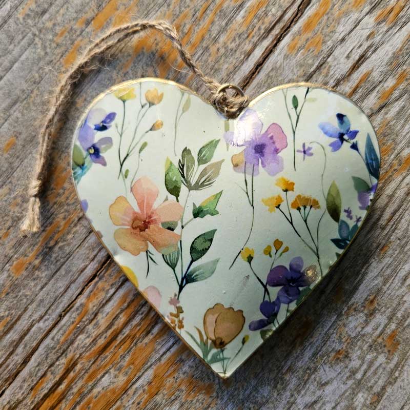 Spring Floral Metal Heart Ornament (c)