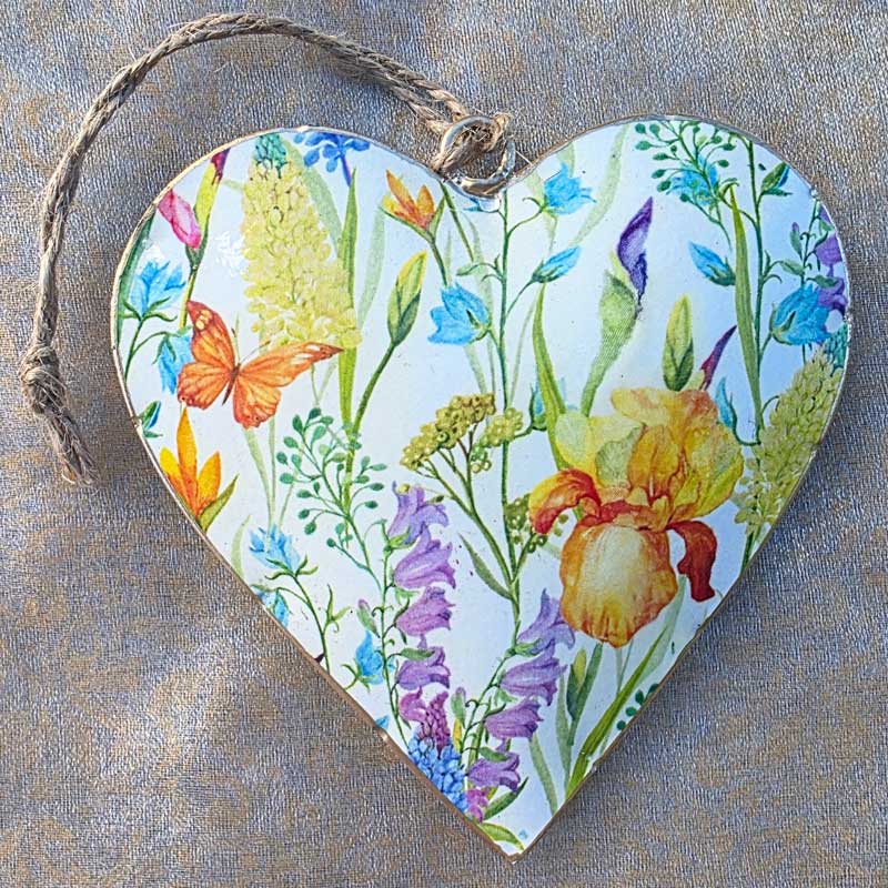 Colourful Floral Heart & Butterflies Metal Heart Ornament