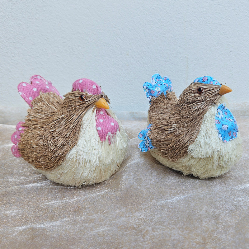 Straw & Fabric Easter Chicken - Blue
