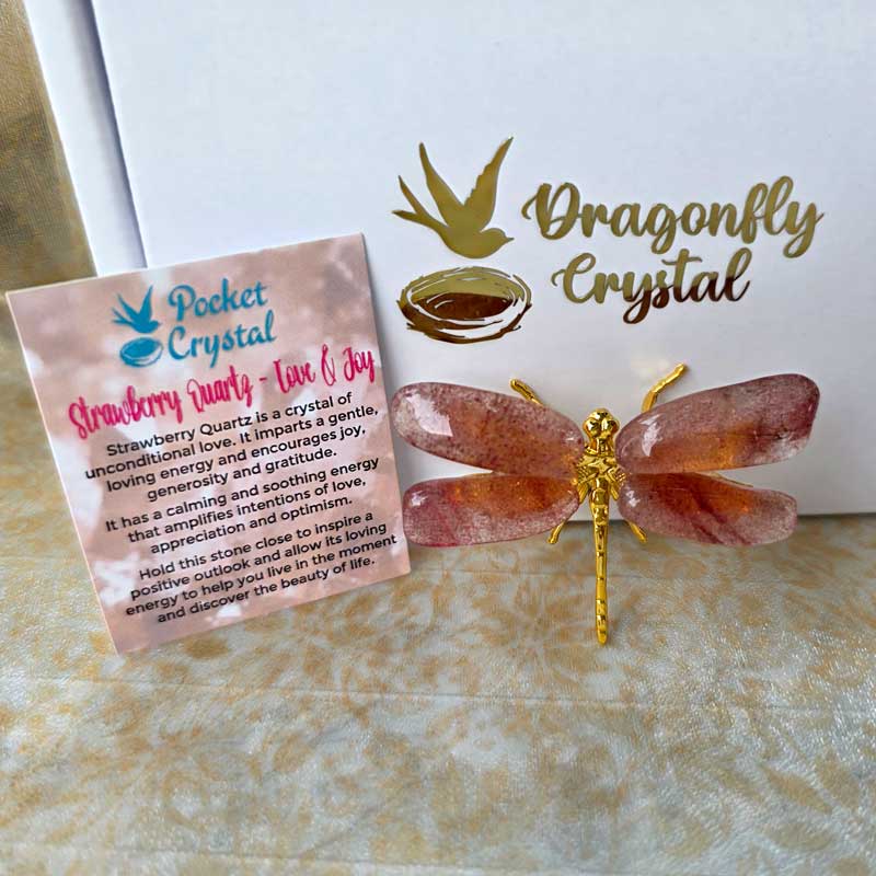Dragonfly Crystal - Strawberry Quartz Love & Joy (Gold)