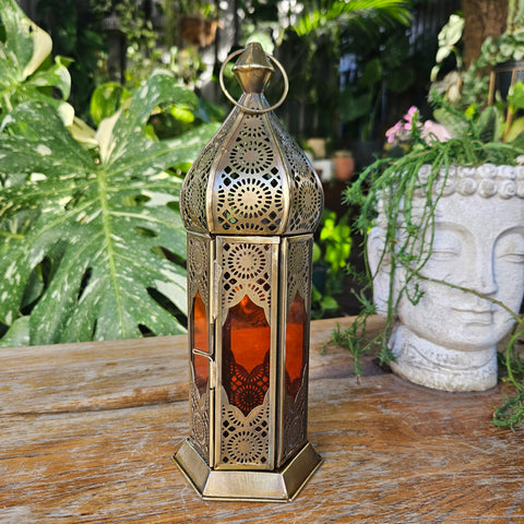 Brass Gold Tall Handcrafted Lantern - Orange