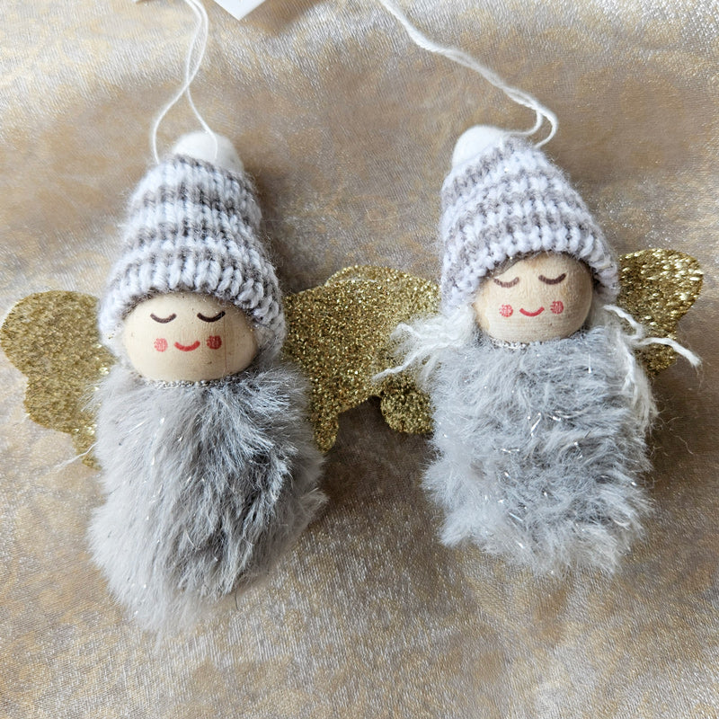 Hanging Tomte Christmas Angel Ornament Set of 2 - Grey