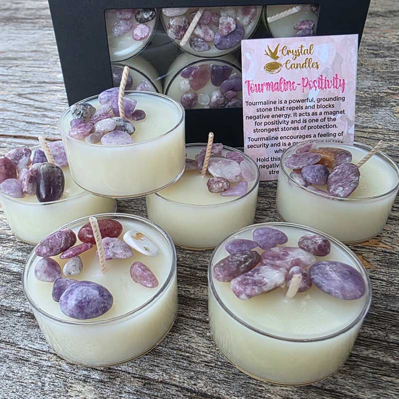 Pink Tourmaline Crystal Soy Tealight Candles Set of 6 - Lemongrass