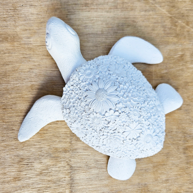 Turtle Figurine Daisy Floral Design - White