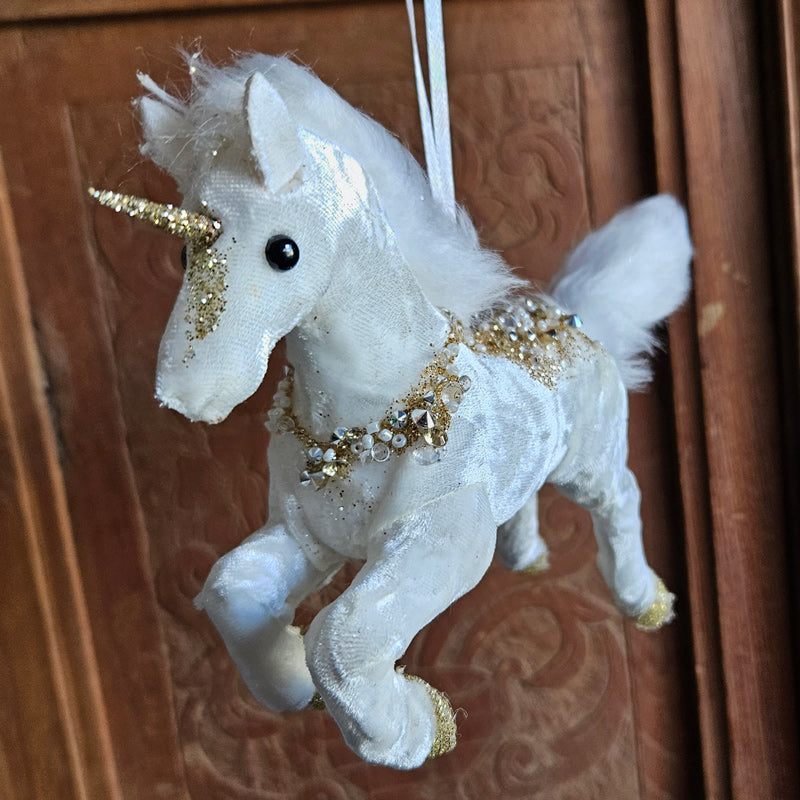 Hanging White Velvet Unicorn Christmas Ornament