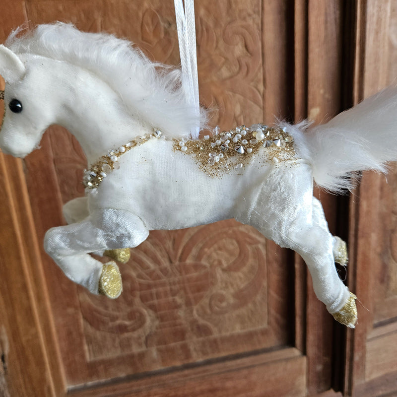 Hanging White Velvet Unicorn Christmas Ornament