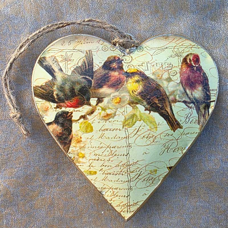 Vintage Birds Autumn Metal Heart Ornament