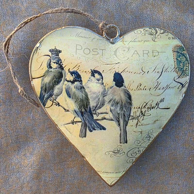 Vintage Bird Quartet Metal Heart Ornament