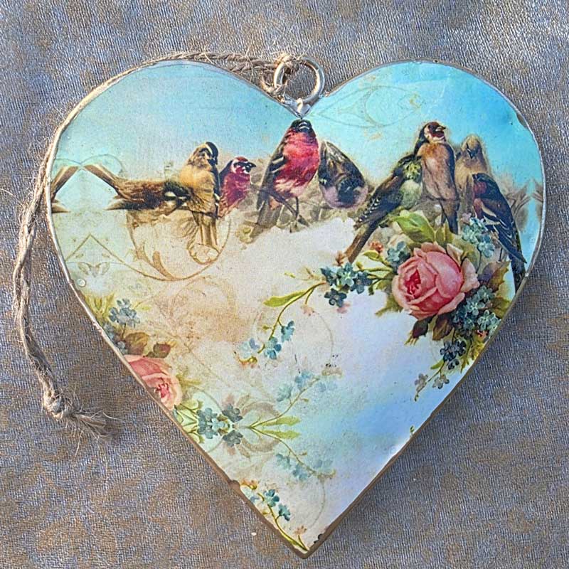 Vintage Birds Floral Metal Heart Ornament