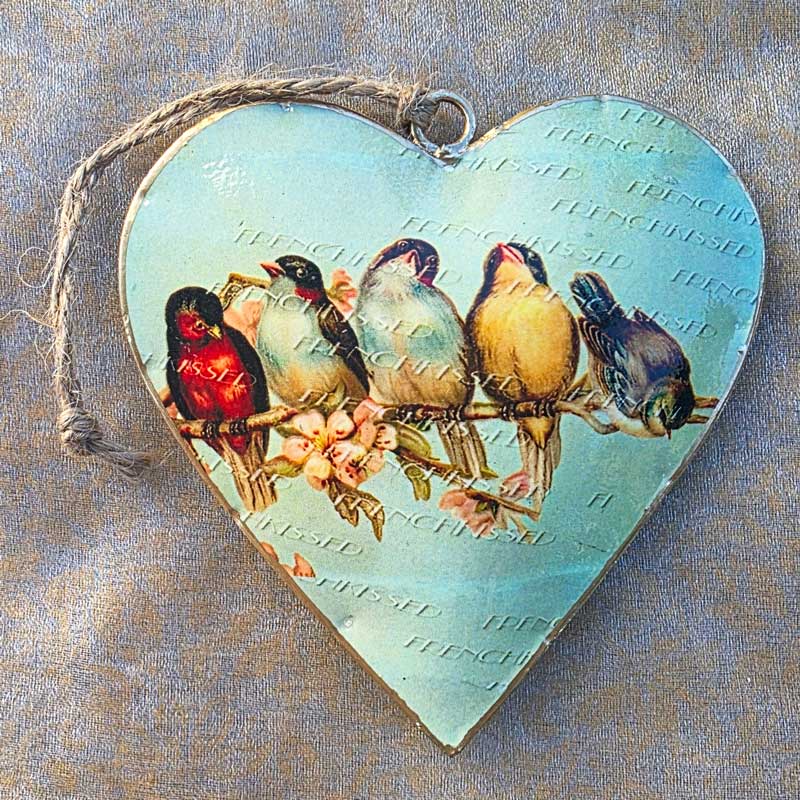 Vintage Birds On Branch Metal Heart Ornament