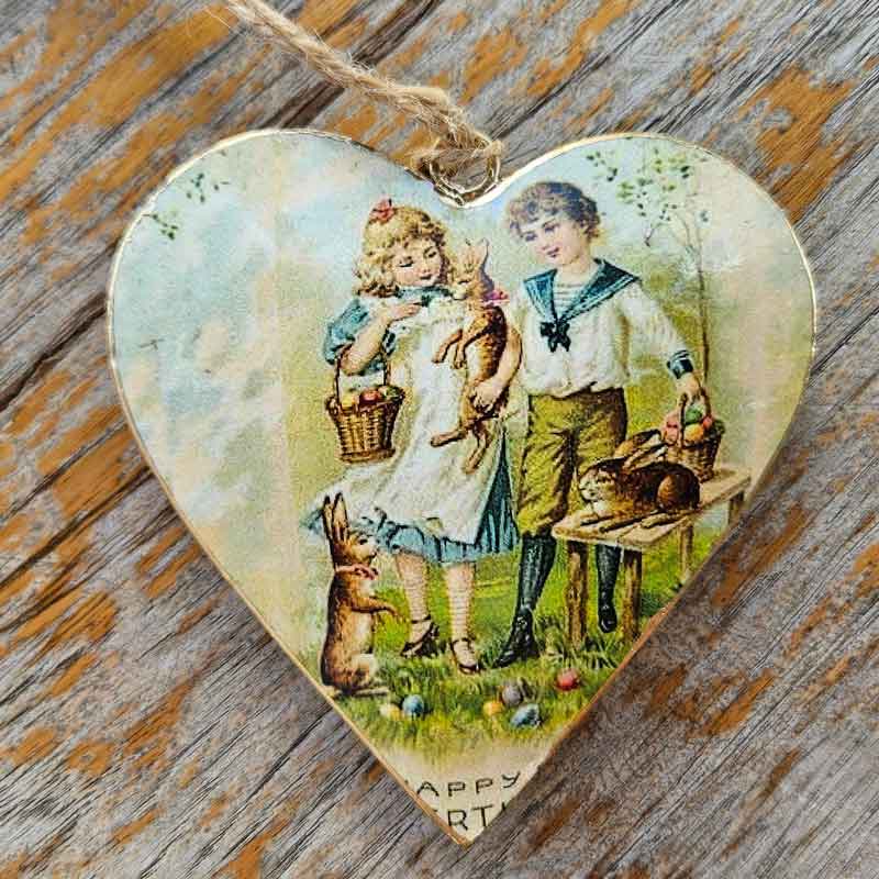 Vintage Metal Heart Girl, Boy & Rabbits