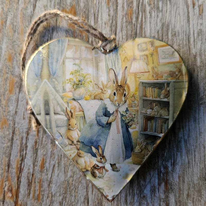 Vintage Metal Heart Ornament - Mother Rabbit And Chidlren