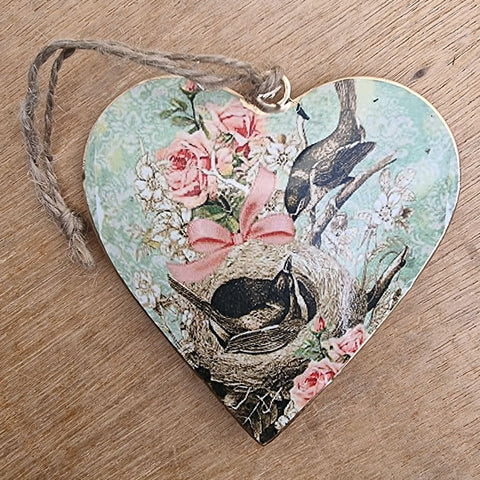 Vintage Bird And Rose Metal Heart Ornament