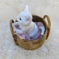 White Cat In Basket Figurine