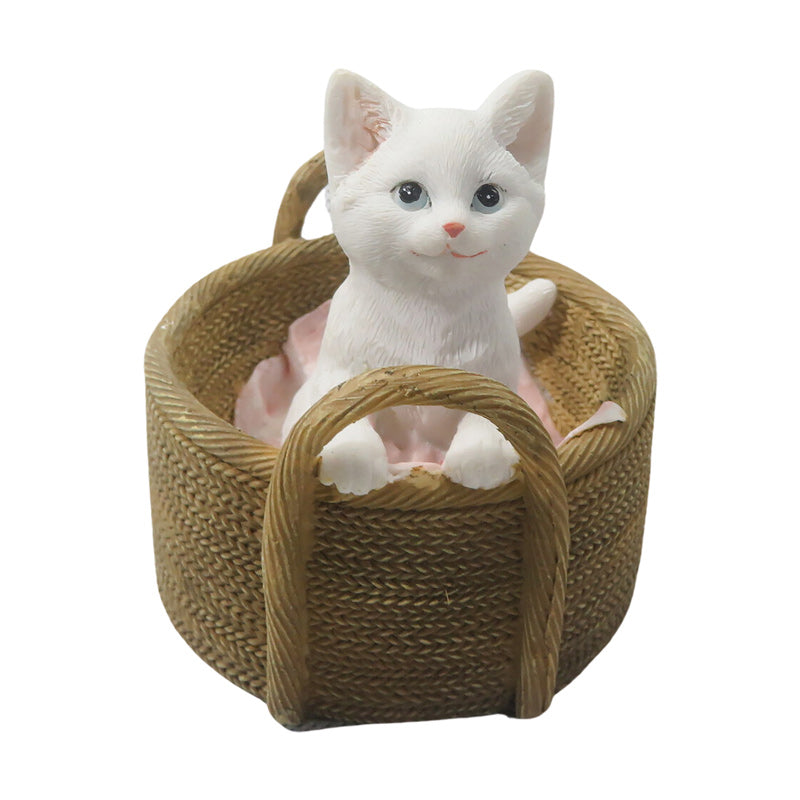 White Cat In Basket Figurine