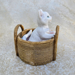 White Cat In Basket Figurine
