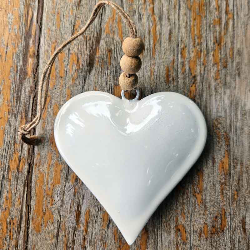 Hanging Metal Beaded Heart - White