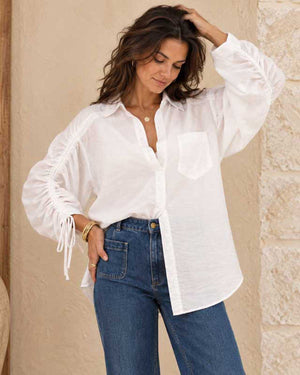 Audrey Ruched Sleeve Shirt - White