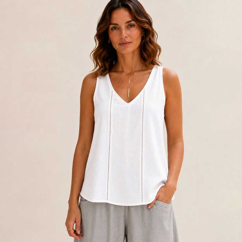 Margot Ladder Trim Linen Blend Tank - White