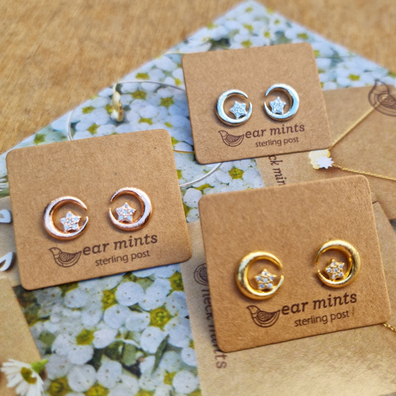 Star & Moon Ear Mints Earrings - Gold With Cubic Zirconia