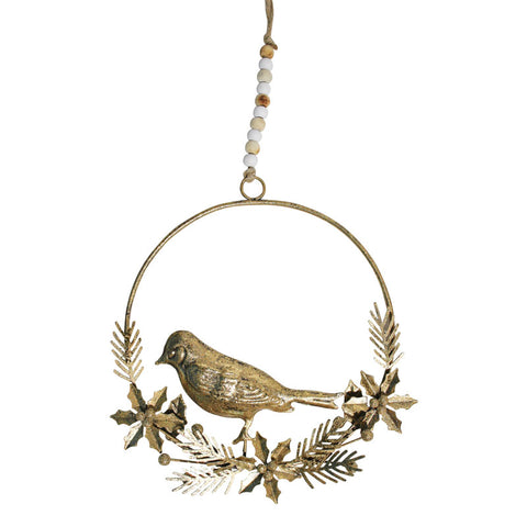 Hanging Bird In Circle Wreath - Gold