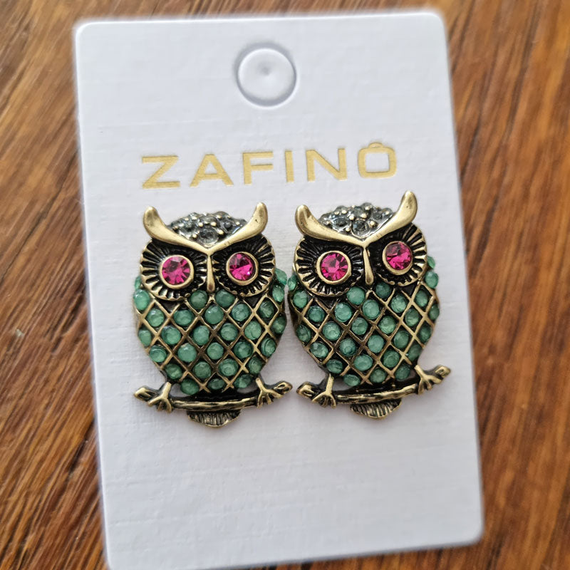 Jewelled Jade Green Owl Stud Earrings