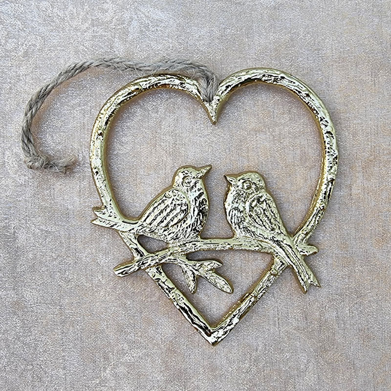 Hanging Gold Christmas Birds on Branch Heart Ornament