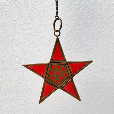 Hanging Star Ornament Glass & Brass - Red