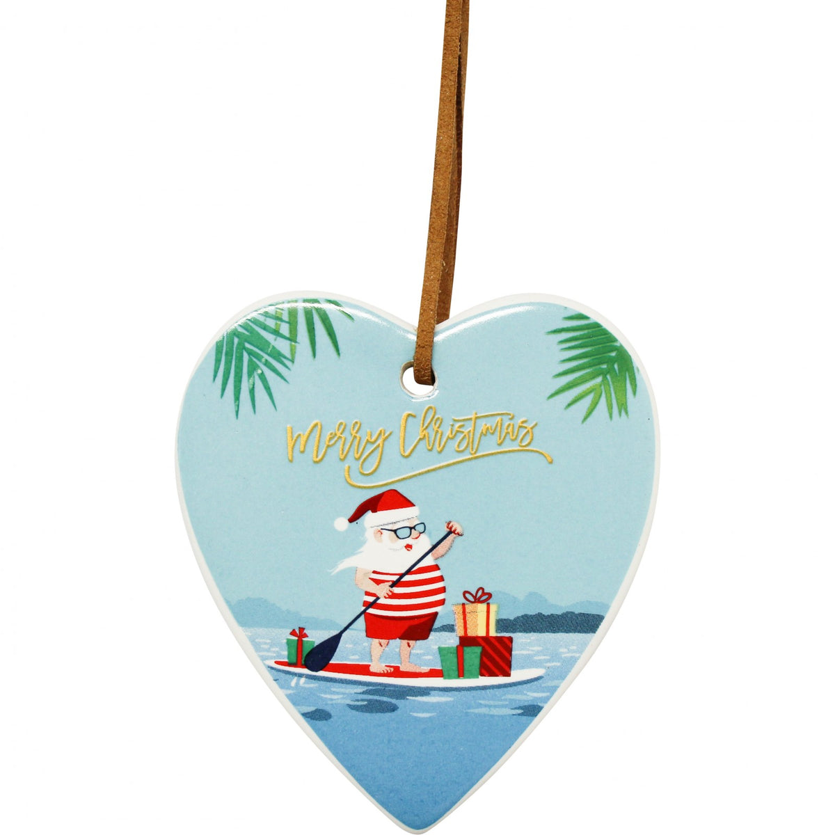 Paddle Boarding Santa Merry Christmas Hanging Heart Ornament