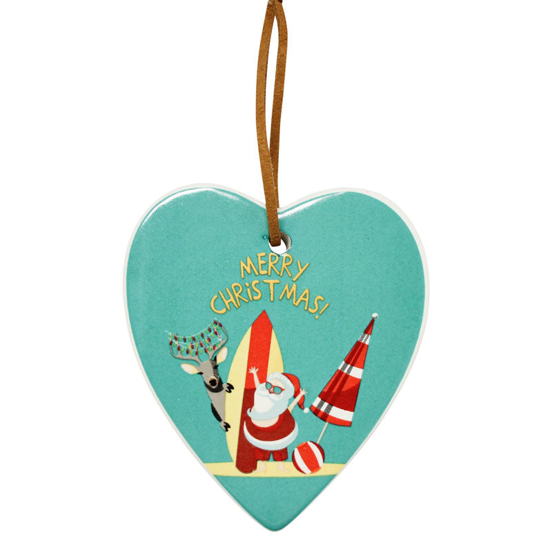 Surfboard Santa Merry Christmas Hanging Heart Ornament