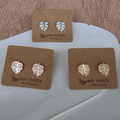Palm Leaf Ear Mints Earrings - Silver With Cubic Zirconia