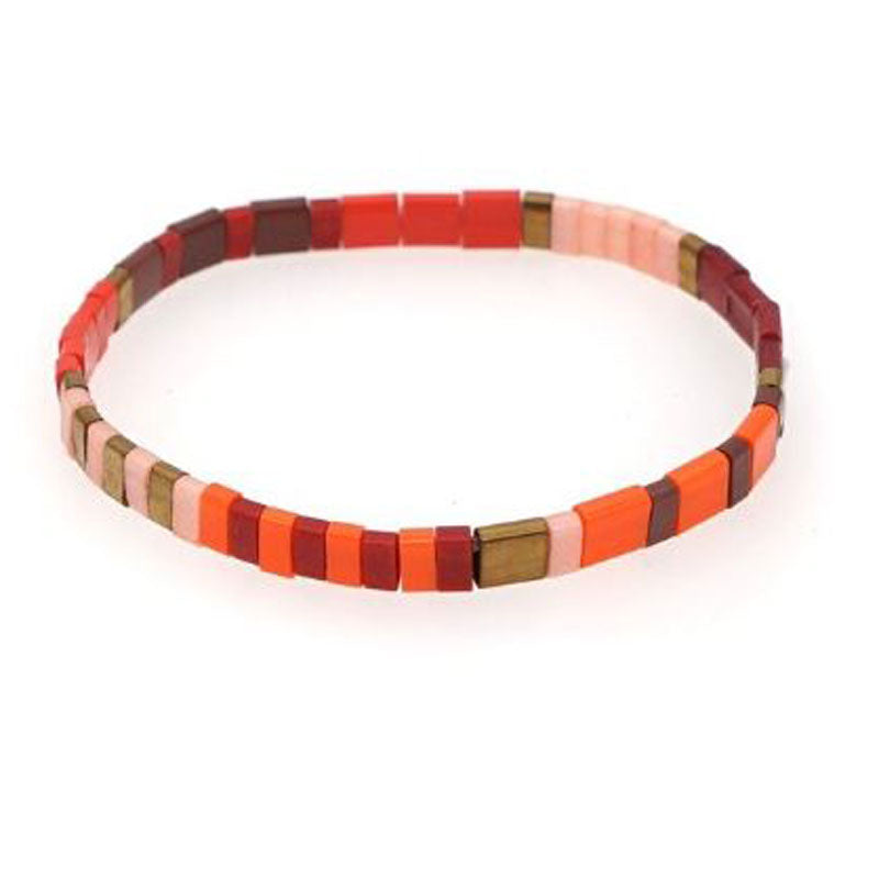 Gypsy Boho Tile Stretch Bracelet - Orange & Red