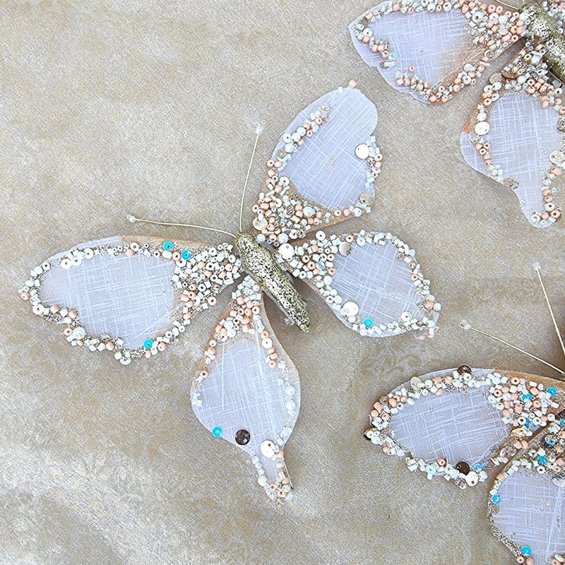 Butterfly Clip Fabric Ornament - White & Peach