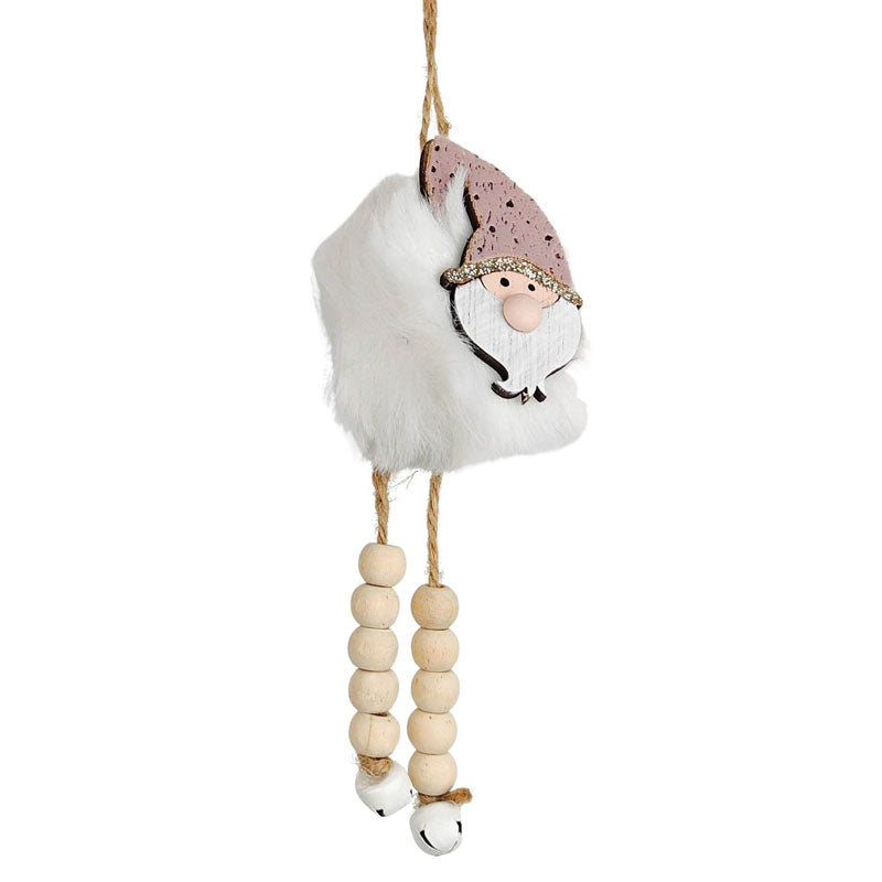 Fluffy Santa Ornament With Beads & Bells - Pink
