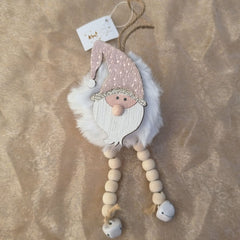 Fluffy Santa Ornament With Beads & Bells - Pink
