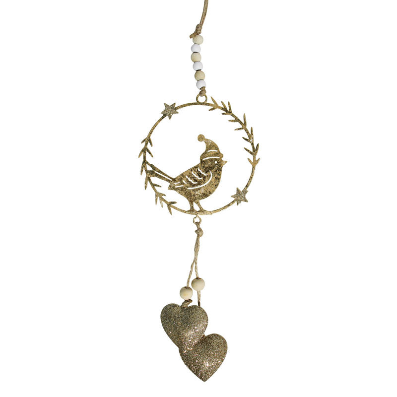 Hanging Gold Bird With Hearts