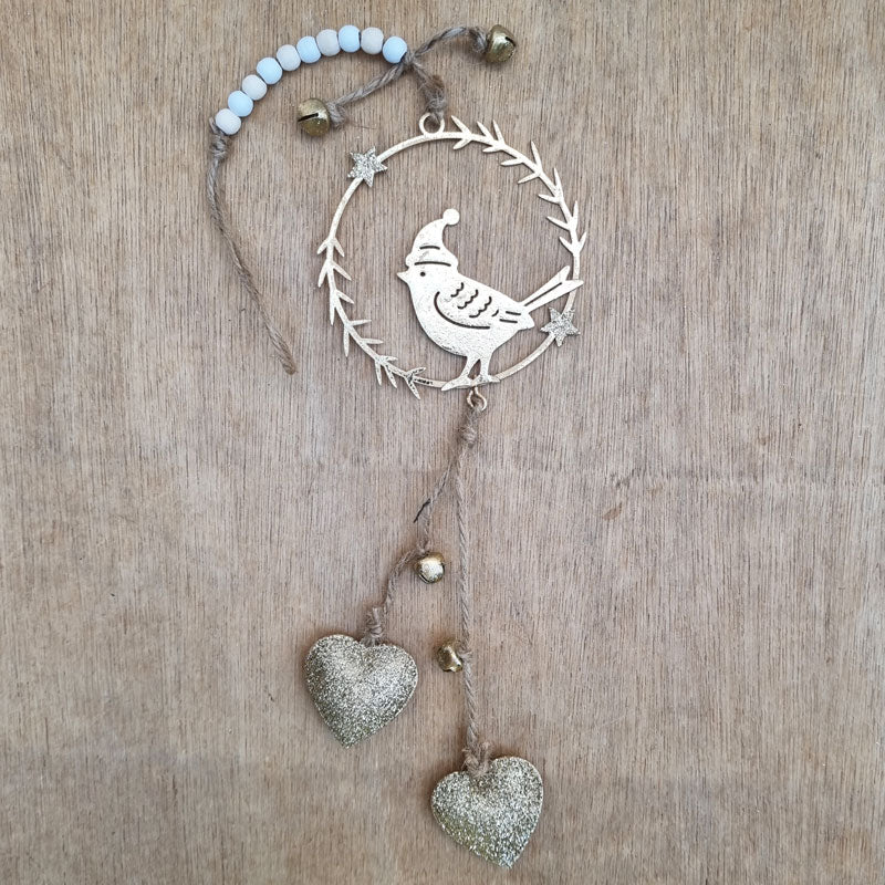 Hanging Gold Bird With Hearts
