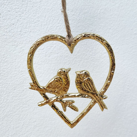 Hanging Gold Christmas Birds on Branch Heart Ornament