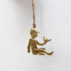 Hanging Gold Boy With Birds Christmas Ornament