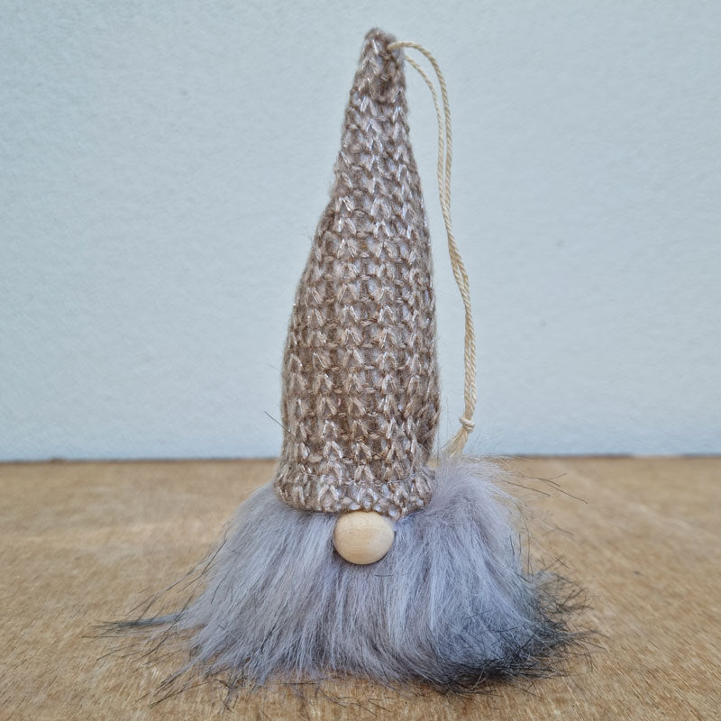 Hanging Gnome Christmas Ornament With Knit Hat Brown