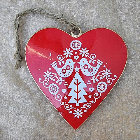 Red Metal Hanging Heart Ornament - Birds In Tree