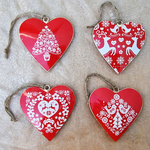 Red Metal Hanging Heart Ornament - Reindeer
