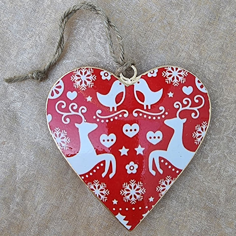 Red Metal Hanging Heart Ornament - Birds & Reindeer