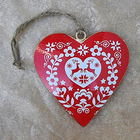 Red Metal Hanging Heart Ornament - Reindeer