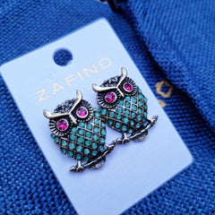 Jewelled Jade Green Owl Stud Earrings