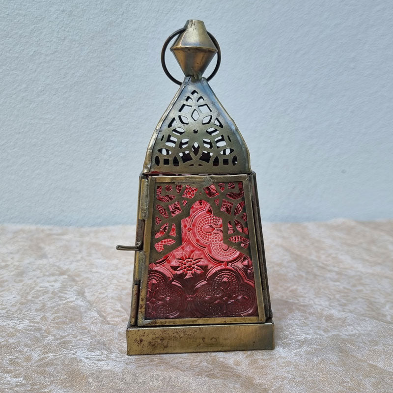 Brass And Glass Handcrafted Lantern - Red