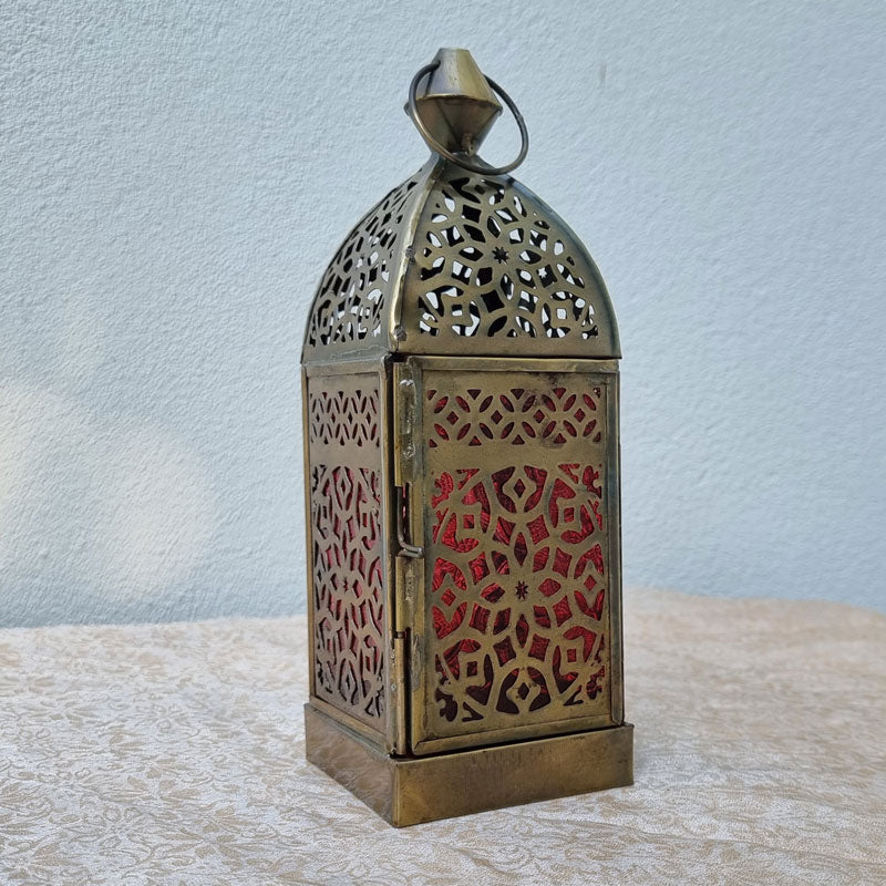 Square Brass Handcrafted Lantern - Red