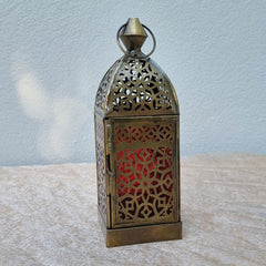 Square Brass Handcrafted Lantern - Red