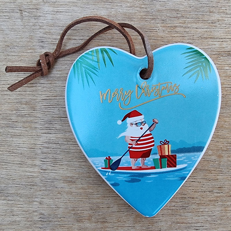 Paddle Boarding Santa Merry Christmas Hanging Heart Ornament